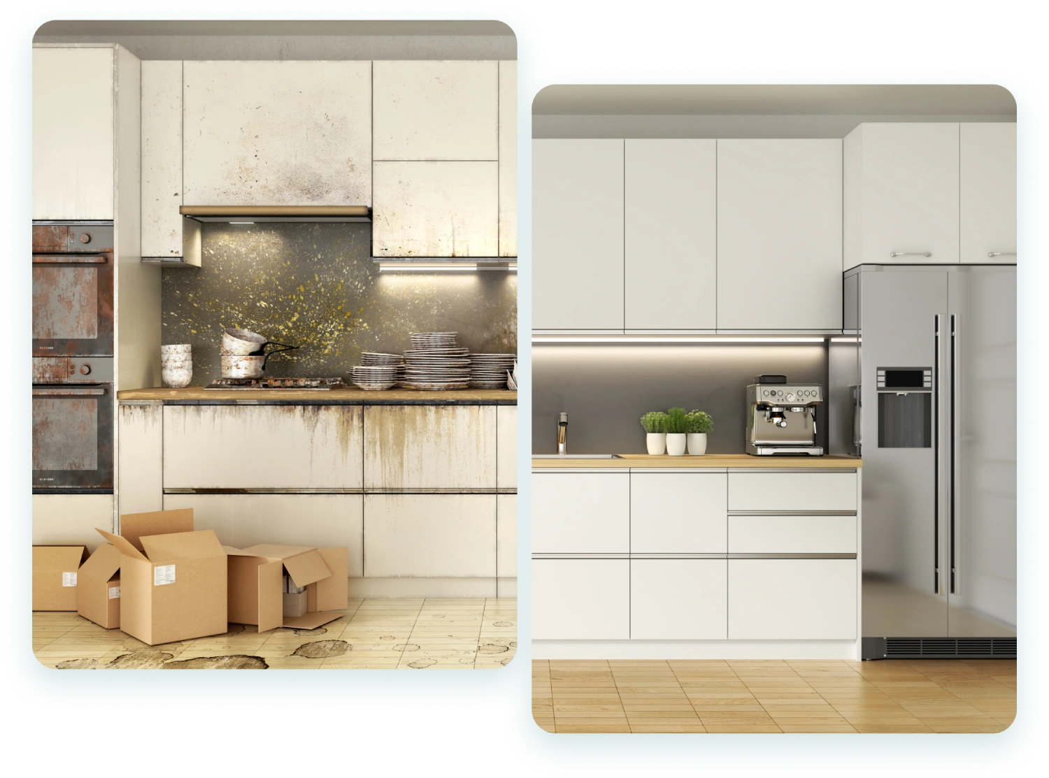 Here's an alt tag for the image: Before & after kitchen renovation.